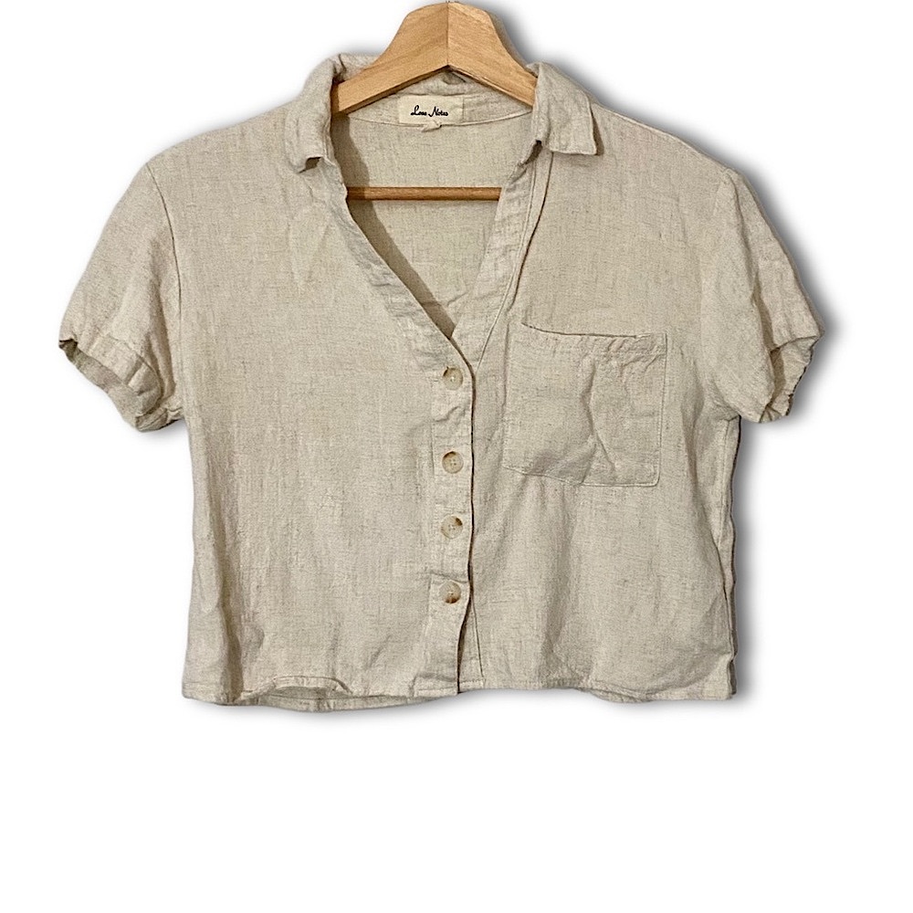 Love Notes Linen-Blend Button Up Crop Top
